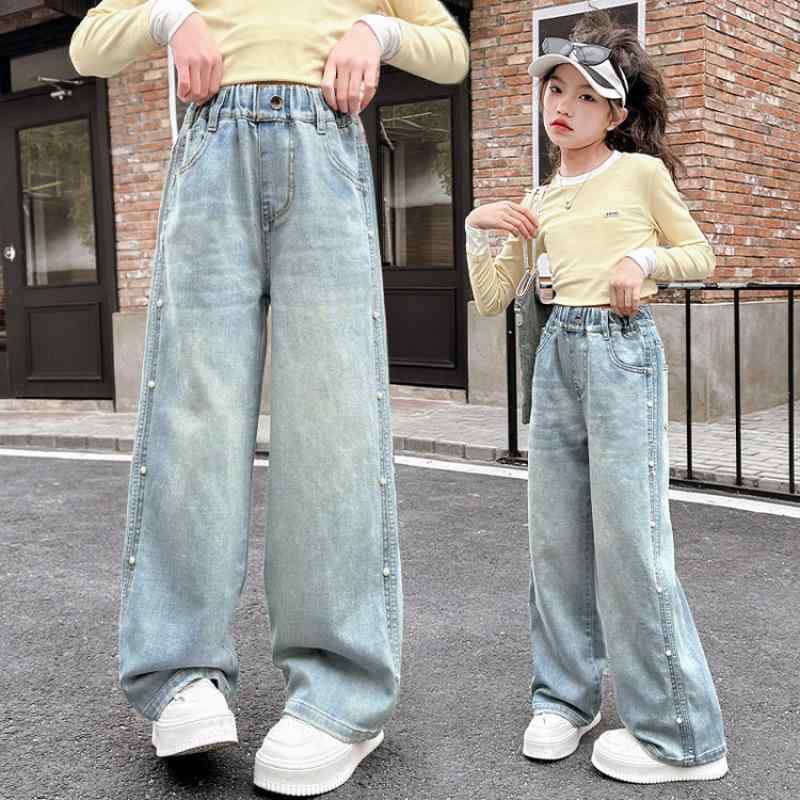 女の子 パンツ 春秋 デニム ナロー ワイドレッグ ストレート スタイリッシュ 伸縮性 軽量 普段使い