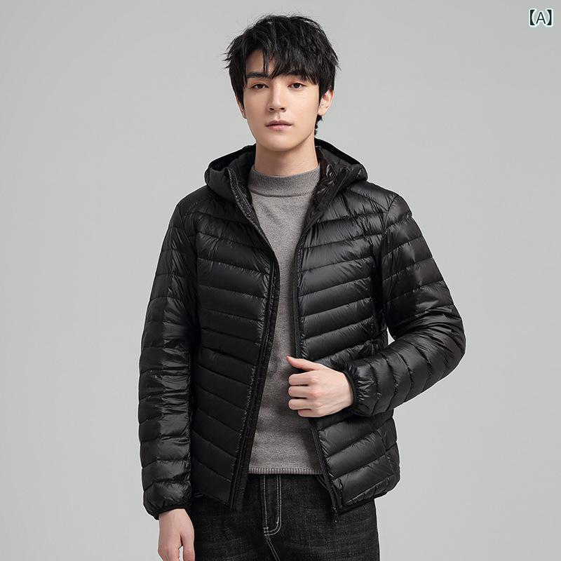 ダウンジャケット メンズ 秋冬 軽薄 フード付き ショート丈 カジュアル 普段使い 白 鴨ダウン トップス 吸湿速乾 高級感