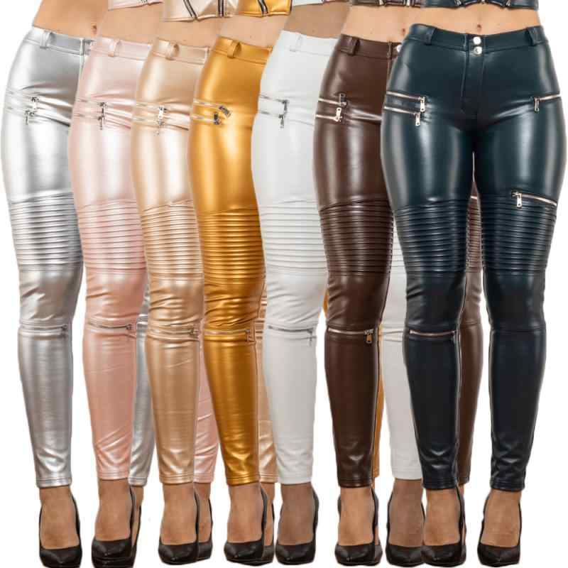 パンツ レディース ゴシック パンク メタリック カラー タイト フィット ヒップアップ ファスナー付き 合成皮革 伸縮性 軽量 普段使い