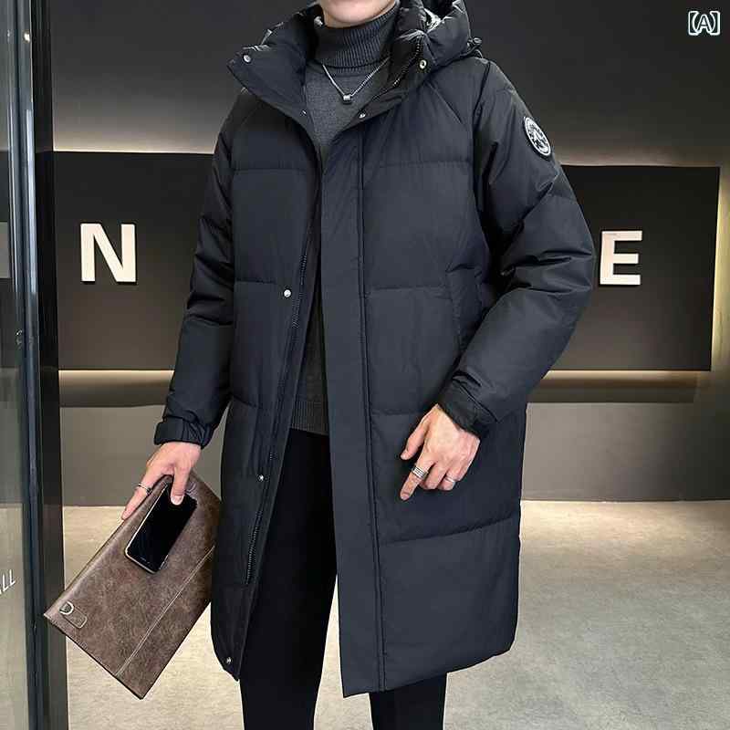ダウンコート メンズ ミディアム丈 秋冬 厚手 保温 ホワイトダウン フード付き 男性用 普段使い 軽量 高級感 撥水 ベーシック ファッション