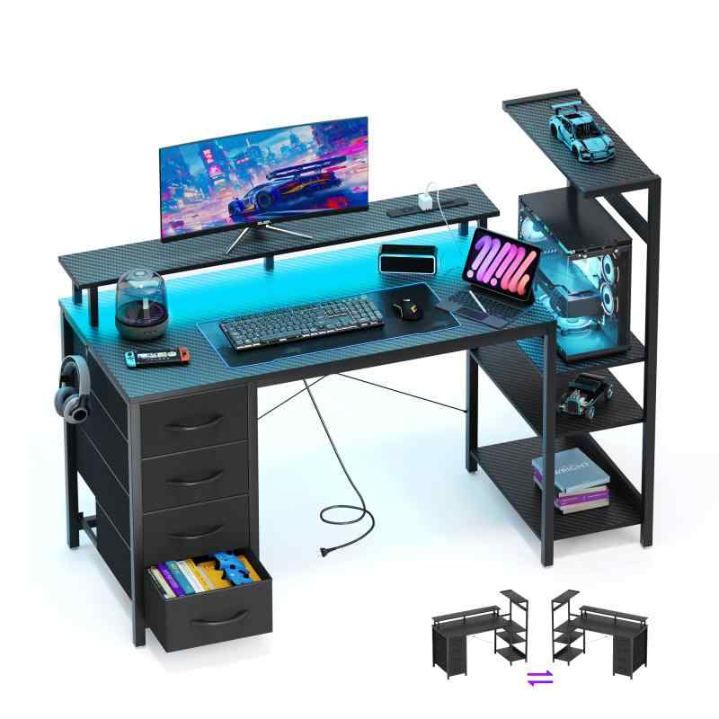 YOUDENOVA ゲーミングデスク LEDライト&コンセント付き パソコンデスク 収納棚付き 布製引き出し モニタースタンド サイドフック リバーシブルゲーマーテーブル ホームオフィス用|loeuf