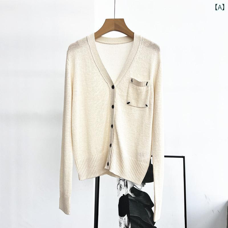 トップス レディース ニット Vネック 長袖 シングルボタン 刺繍 シルエット 薄手 日焼け防止 軽量 伸縮性 吸湿速乾 綿 普段使い 夏
