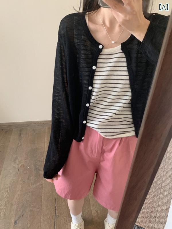 トップス レディース 麻 接触冷感 ニット カーディガン 夏 薄手 UVカット 丸首 微透 ビッグシルエット 短め 韓国 シンプル 普段使い 軽量 吸湿速乾