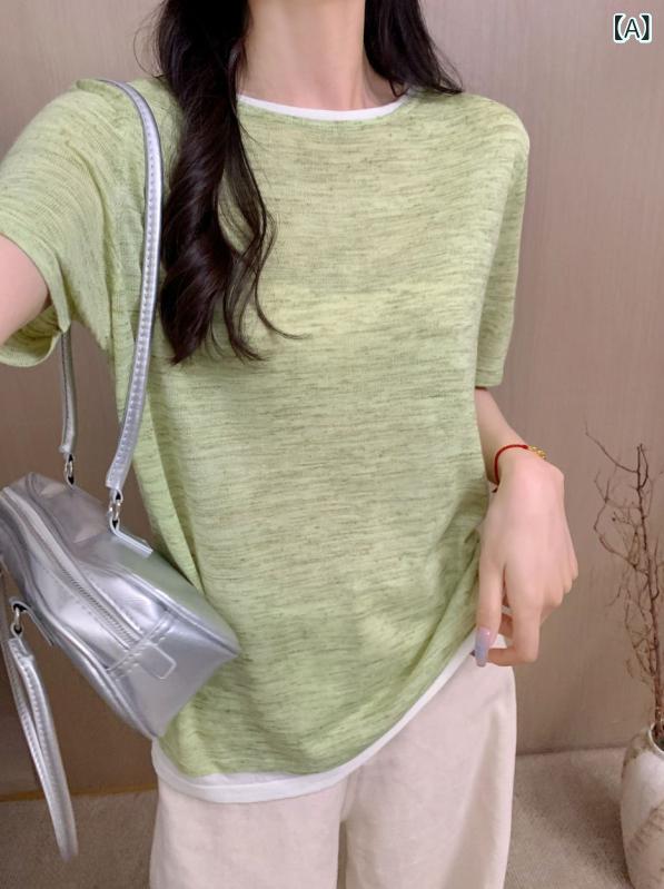 ニット トップス レディース 夏 細糸 亜麻 ラウンドネック スリムシルエット 半袖 Tシャツ 韓国 若見え 伸縮性 通気性 軽量