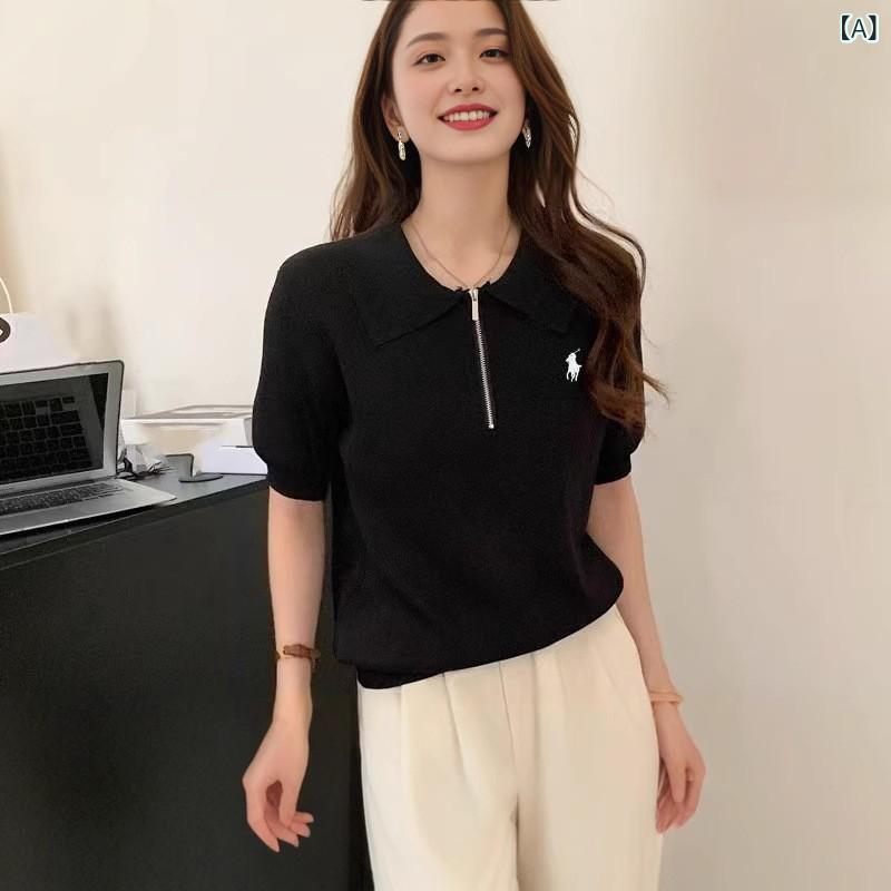 レディース 春夏 半袖 プルオーバー  薄地 刺しゅう 通気性 か細い 編み物 トップス 軽さ 普段使い