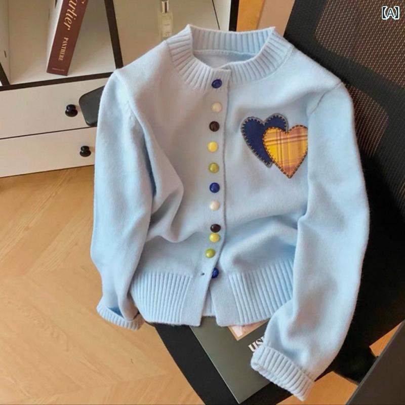 レディース カーディガン 春夏 フィット カジュアル ニット ハート 刺繍 カラー 釦 ショート丈 ウール 普段使い かわいい