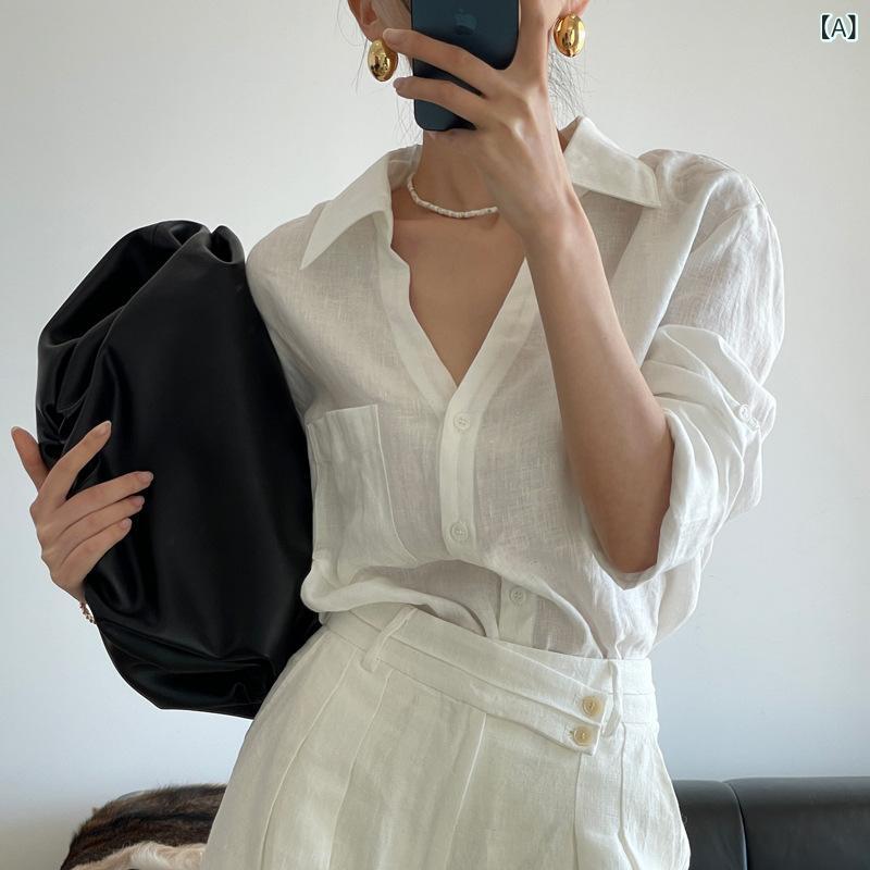 レディース リネン シャツ ロングパンツ セット UVカット シンプル 軽奢 ヴィンテージ ゆるい 夏