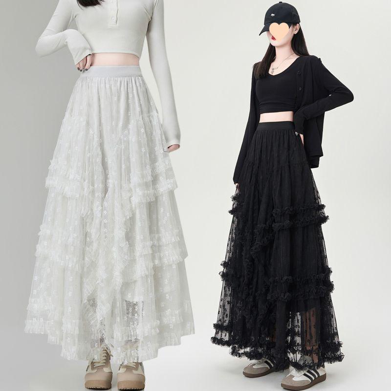 レディース スカート イレギュラーレース ミディ ロング 切り替え メッシュ かわいい パーティー用 秋冬 ボリューム プリンセスケーキ風 白色 ふわふわ素材 伸縮性 軽量