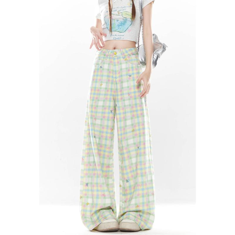 長ズボン レディース 夏 薄手 ワイドレッグ チェック柄 グリーン ナチュラル カジュアル ペティート 普段使い 伸縮性 吸湿速乾 軽量