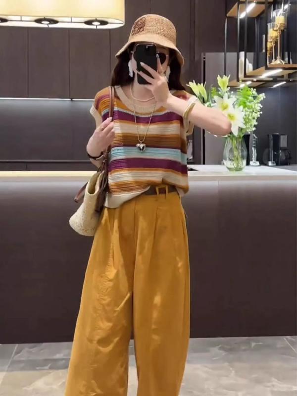 大きめ 大いさ 太った 粍 ストライプニットトップス カジュアルワイドレッグパンツ な 黄色の 背広 背広 夏服の 書き割り
