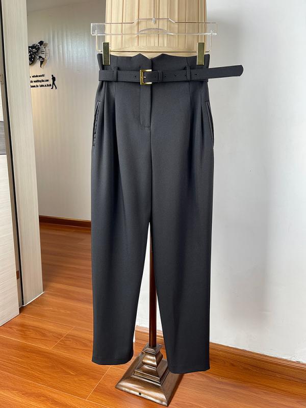 2025 新型 春秋 高 腰が やせて いる カジュアルパンツレディース 黒い ベルトの 小さい 足の ズボンの テーパードハーレンズボンの ズボン|loeuf