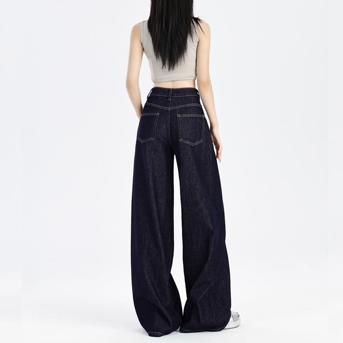 レディース デニムパンツ 春夏 ネイビー アメリカンスタイル ドレープ ワイドレッグ ハイウエスト スリム見え 小柄向け ストレート 通勤用 普段使い