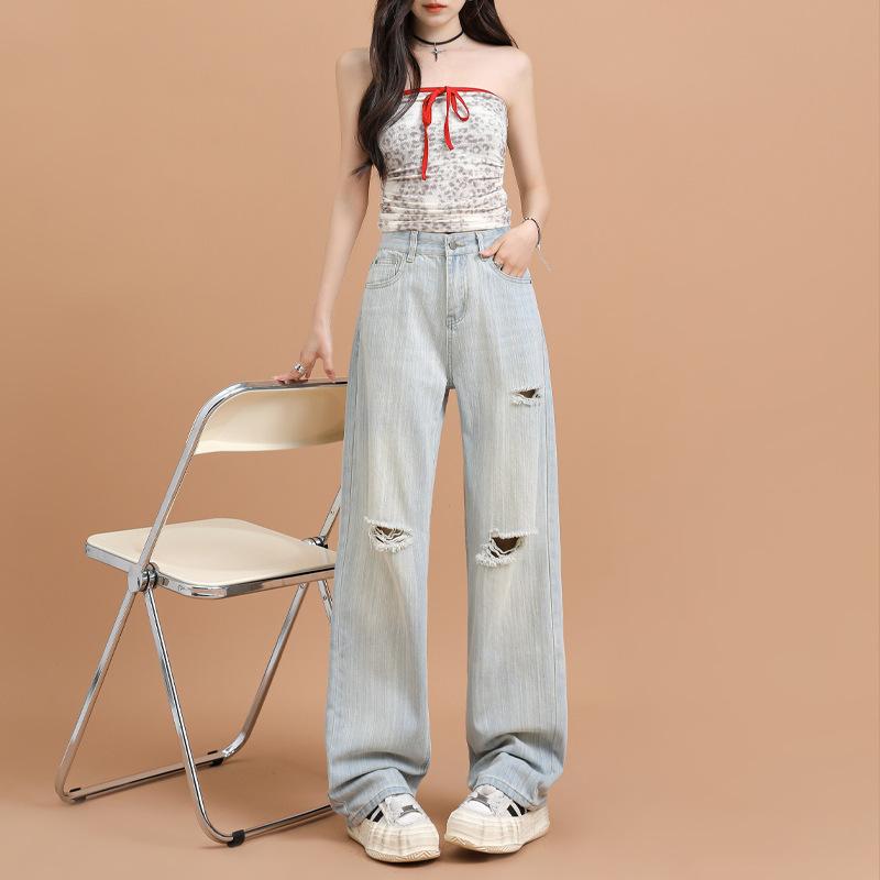 レディース ジーンズ ダメージ ライトカラー デニム ワイド ストレート ドレープ 性 伸縮性 吸湿速乾 軽量 接触冷感 普段使い 春夏