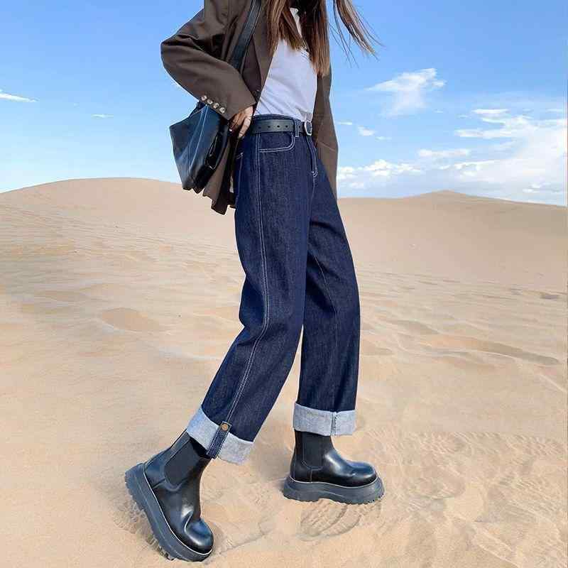 冬用 レディース ジーンズ ダークブルー ストレートシルエット ワイドレッグ フィット 厚手 裏起毛 デニム 小柄 洋梨体型