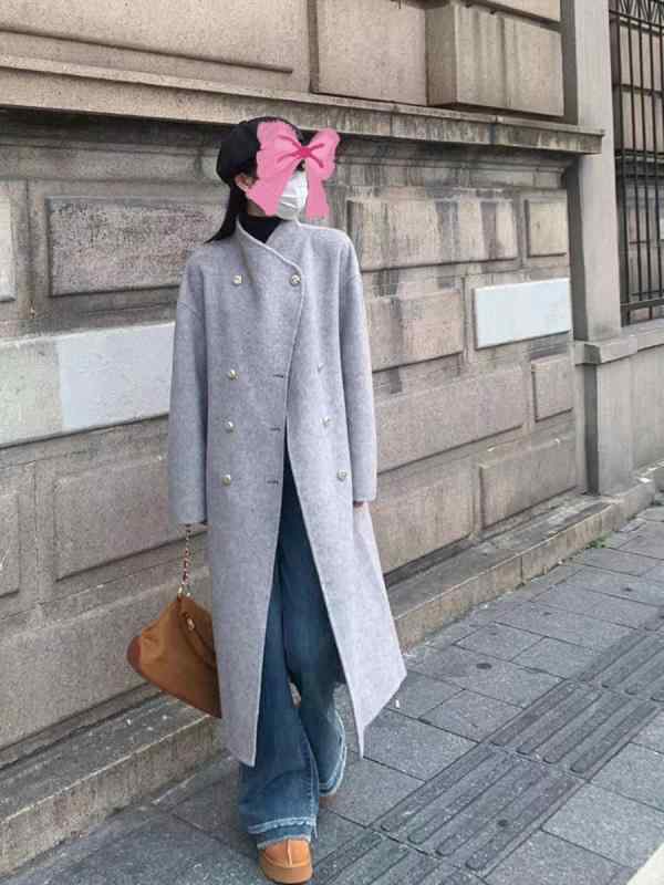 コート レディース 秋冬 小柄向け 厚手 スタンドネック ゆったり ロング丈 グレー カシミヤ ウール 高級感