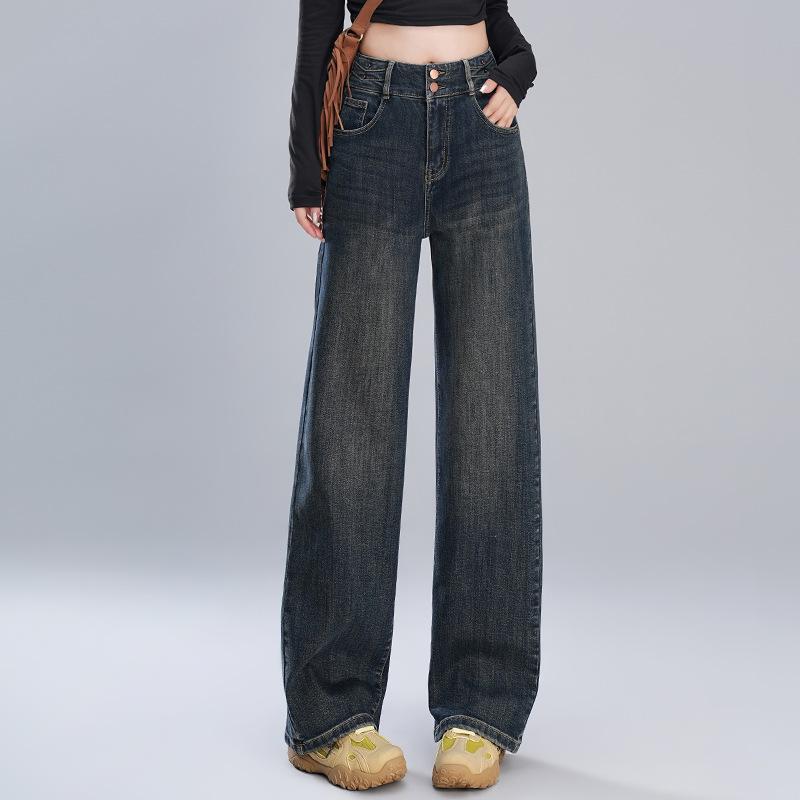 パンツ レディース デニム レトロ ブルー ワイド ストレート 高級感 ゆったり 細見せ 落ち感 秋季 ベーシック デニム素材 伸縮性 普段使い 軽量