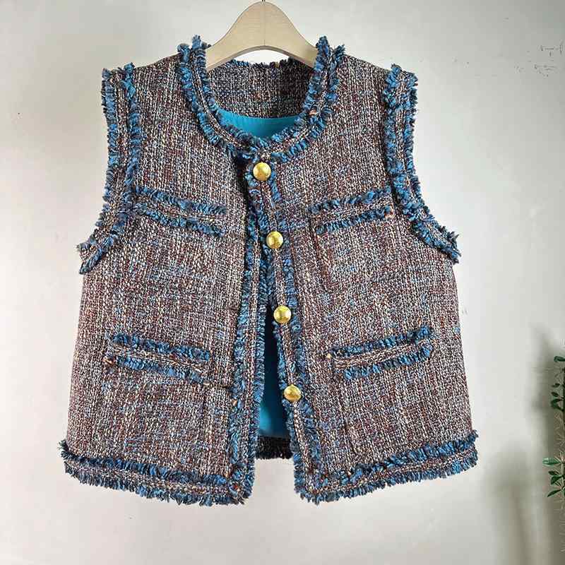 ベスト レディース 復古 ツイード 丸首 エレガント タッセル 秋 ゆったり 百搭 ウール 吸湿速乾 高級感 普段使い カジュアル