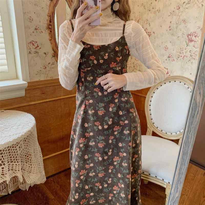 秋冬 ワンピース インナーセット レトロ 小花柄 スリムフィット コットンコードロイ ストラップ 長袖 チュール ベースシャツ 普段使い 伸縮性