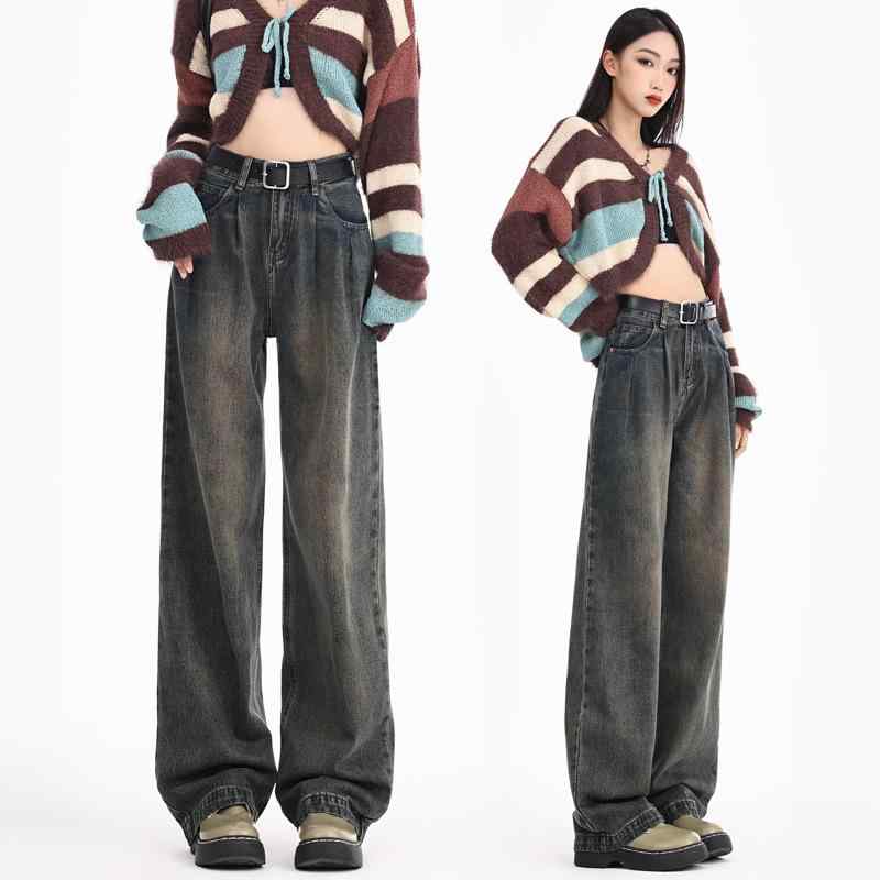 パンツ 男女 風 レトロ デニム ストレート ワイドレッグ セメントグレー 秋冬 細見え 垂れ感 普段使い 高級感