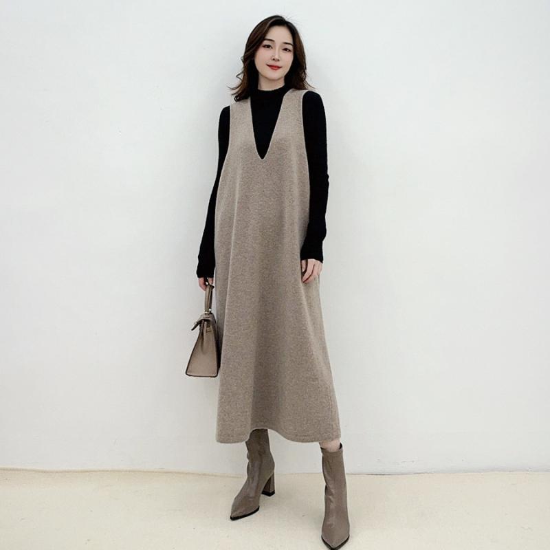 ワンピース レディース カシミヤ 深Vネック ノースリーブ ベスト ミニマル エレガント レイヤリング 体型カバー 秋 高級感