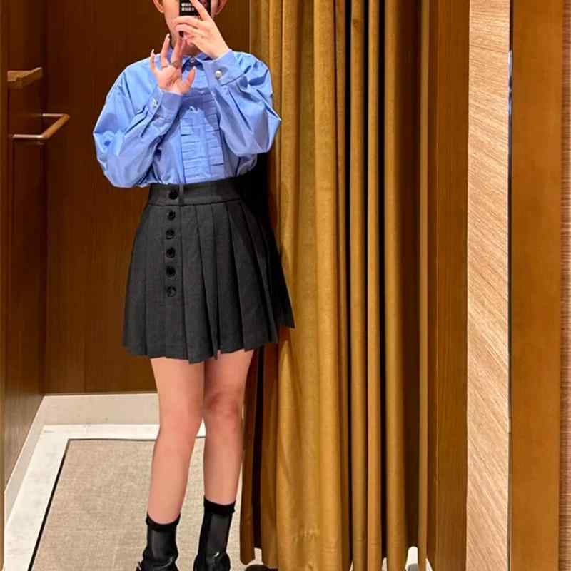 レディース シャツ 秋冬 フランス風 魅惑的 綿 ブルー ストレート プリーツ 長袖 ターンカラー ブラウス トップス 通勤用 軽量 綿100パーセント ブルー系 青系