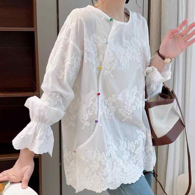 レディース シャツ フレンチスタイル 長袖 レース 春夏 透け感 ジャカード織り 上品 ファッション ゆったり トップス 普段使い 軽量 綿混紡 ビッグシルエット ブラック系