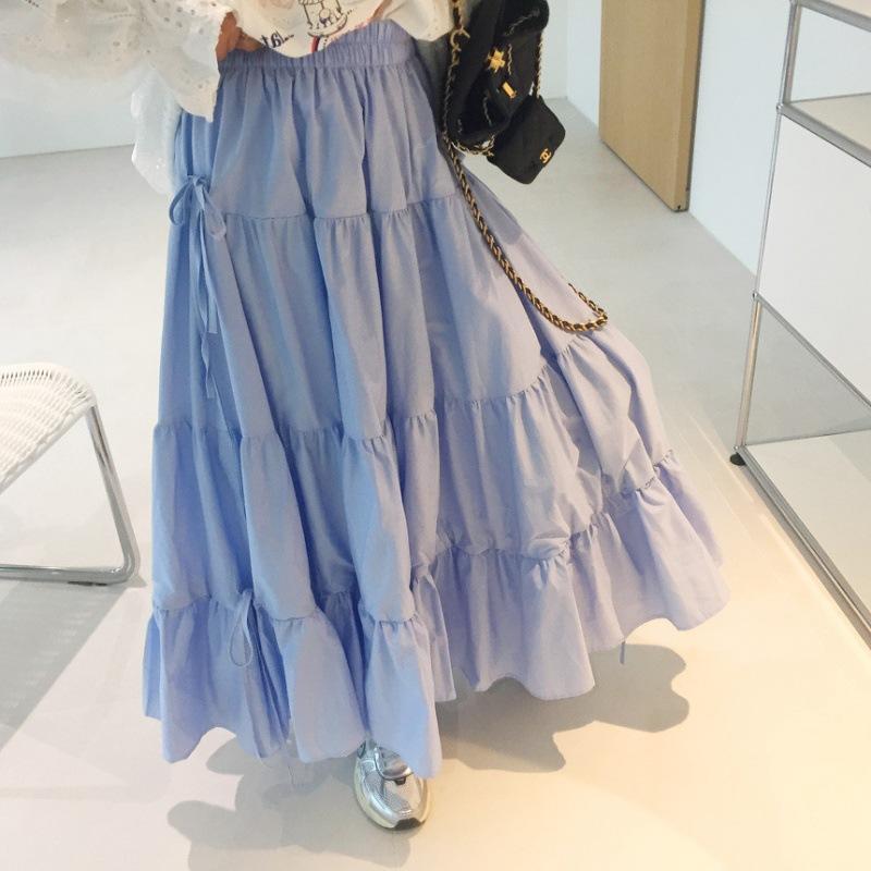 レディース スカート かわいい エラスティックウェスト レイヤード ティアードスカート 春夏 ミディアムロング プリーツ ラッフルエッジ 普段使い 伸縮性 通気性