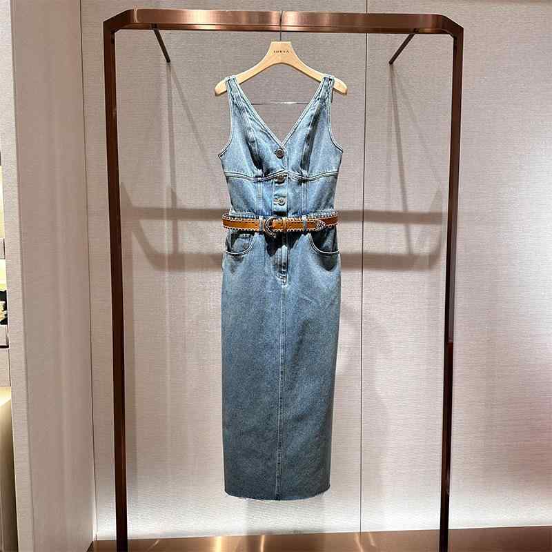 ワンピース レディース Vネック ロング丈 デニム シングルボタン ベルト付き ストラップ付き 春 普段使い 軽量 伸縮性