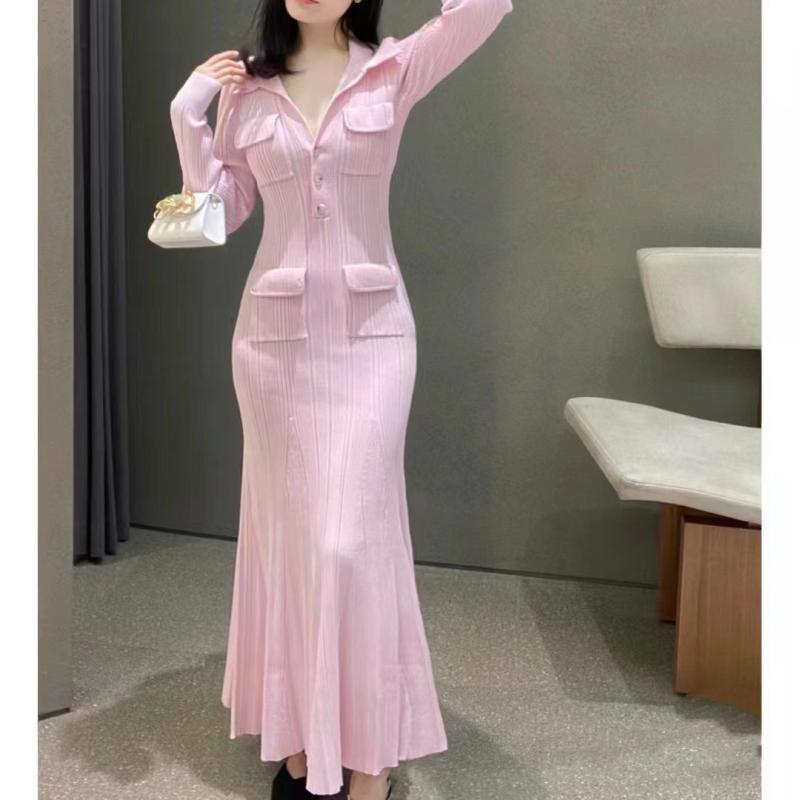 ワンピース レディース ニット ハイネック フィッシュテール ロング ピンク エレガント 軽量 吸湿速乾 伸縮性 春 普段使い