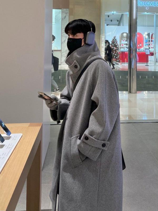 男性用 秋冬 通勤用 普段使い コート 中長丈 膝上 厚手 シングルボタン ウール トレンチコート 高級感 保温 風よけ ブラック ピンク系