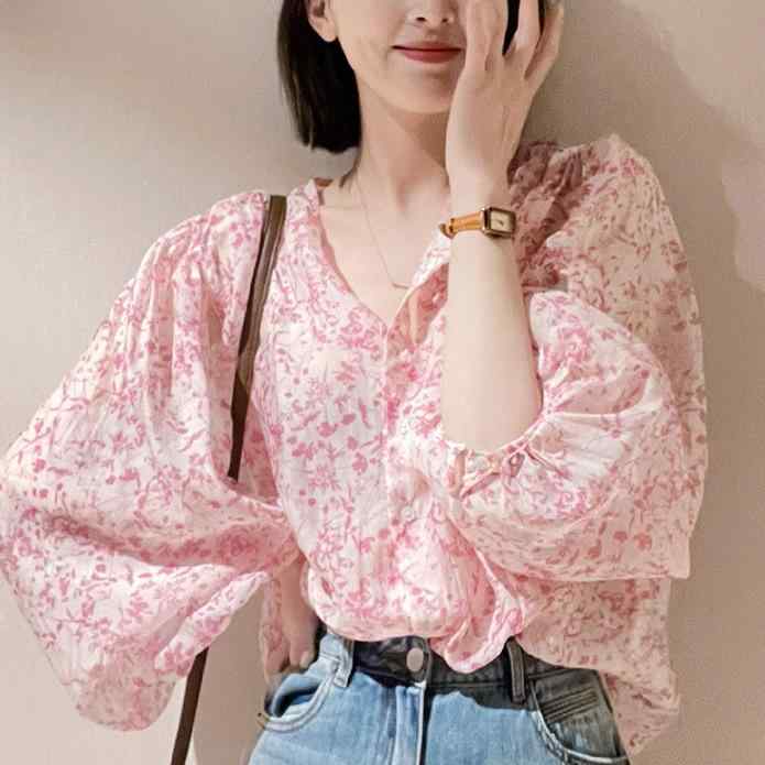 ブラウス レディース ピンク 小花柄 フランス風 春夏 普段使い かわいい 綿 軽量 伸縮性 部屋着 高級感 コンパクトシルエット