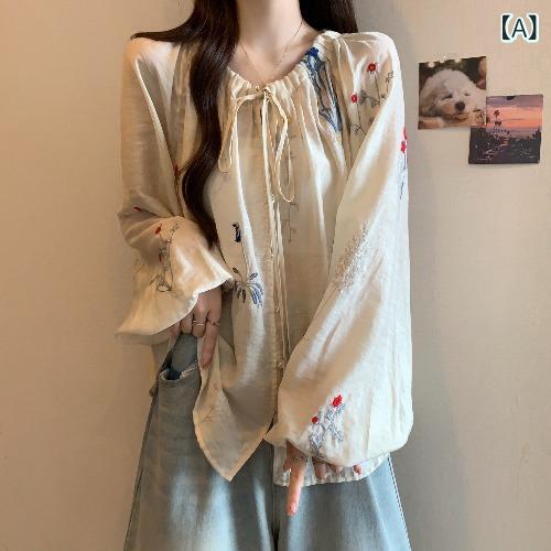 シャツ レディース ビッグシルエット 長袖 春 綿 麻 刺繍 シフォン 新中華風 国風 軽量 吸湿速乾