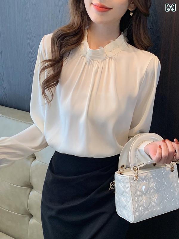 レディース シャツ 長袖 立襟 ビーズ付き サテン 杏色 デザイン感 春 普段使い トップス