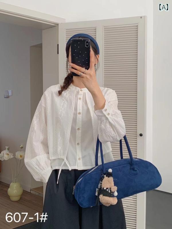 ブラウス レディース 春夏 風 ミニマル 清新 短丈 フェイクレイヤード レース 重厚刺繍 長袖 小柄 吸湿速乾 接触冷感 軽量 普段使い 高級感