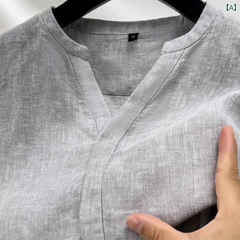 Tシャツ メンズ 半袖 Vネック 無地 カジュアル 夏 100% リネン 中国風 トップス 男性用 普段使い 吸湿速乾 軽量 ミドルエイジ 汎用