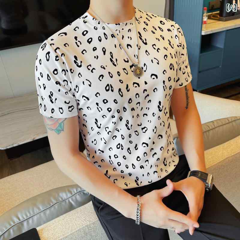 Tシャツ 男性用 トップス 夏 韓国風 スリムフィット 半袖 ラウンドネック アブストラクト パイル プリント 普段使い 綿 吸湿速乾 軽量