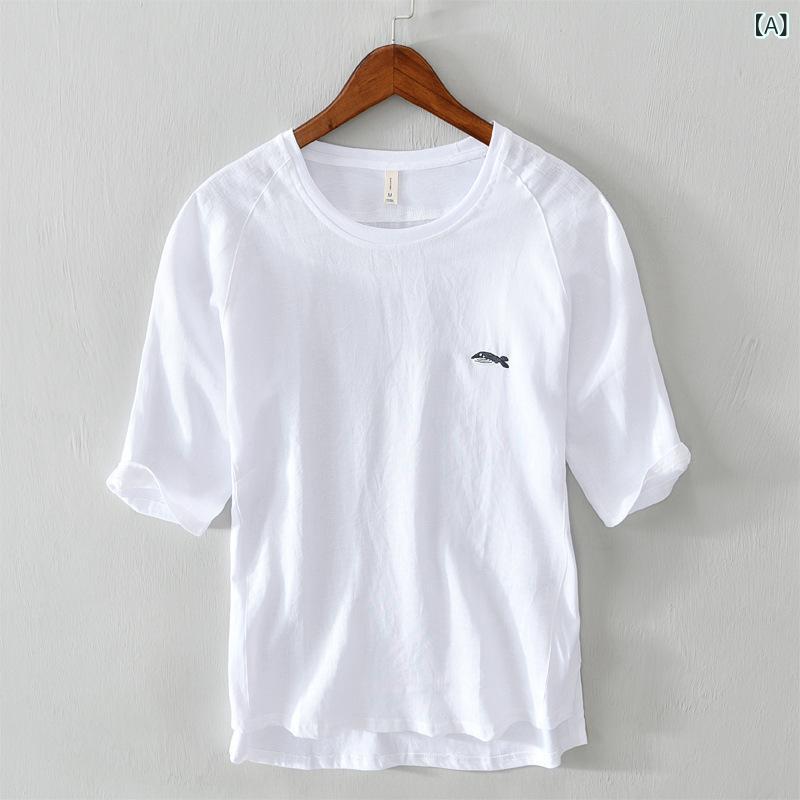 トップス 男性用 シンプル 無地 薄手 通気性 綿麻 切り替え カジュアル 半袖 Tシャツ 普段使い 軽量 伸縮性 吸湿速乾