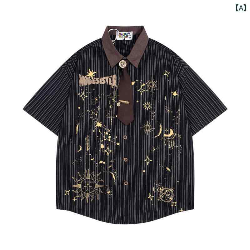 メンズ 夏 トップス アメリカン復古 プリント ストライプ柄 短袖 ビッグシルエット プレッピー カップル用 綿 軽量 普段使い 通勤用