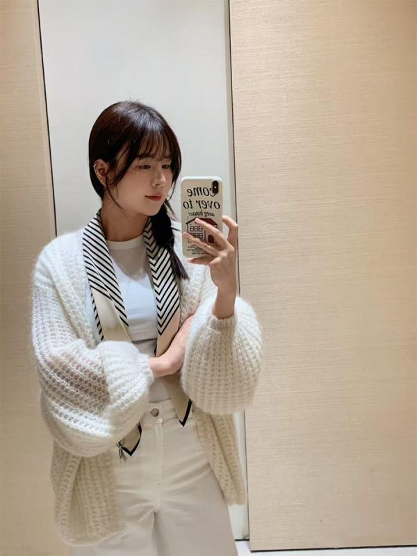 レディース カーディガン ニット 春夏 バルーン袖 透かし編み 柔らか 優しい 軽量 伸縮性 吸湿速乾 普段使い 通勤用