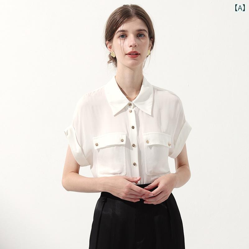 Tシャツ レディース 夏 通勤用 短袖 トップス 無地 シャツ襟 ラフ風 万能 細見え 桑蚕糸 高級感 軽量 吸湿速乾 接触冷感