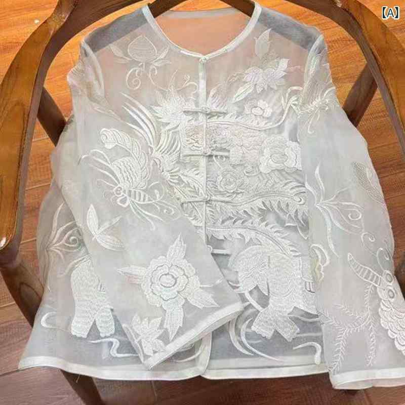 レディース シャツ シルク オーガンザ 重厚刺繍 新中式 国風 薄地 軽量 吸湿速乾 高級感 春夏 盤扣 トップス ジャケット