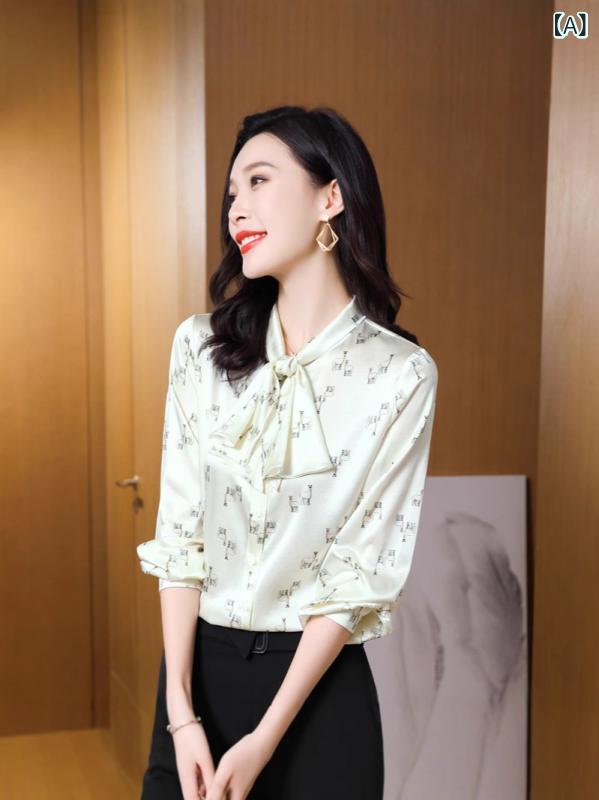 シャツ レディース トップス 女性用 シルク 厚手 長袖 小花柄 欧米風 通勤用 普段使い ビジネス 高級感 吸湿速乾 軽量 カジュアルスタイル