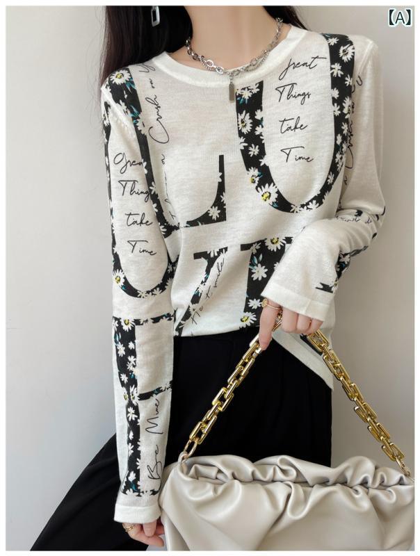 トップス レディース 春 洋風 薄手 微透 プリント クルーネック カシミヤニット ルーズフィット 万能 ウール インナー 高級感 軽量 伸縮性 通勤用 普段使い