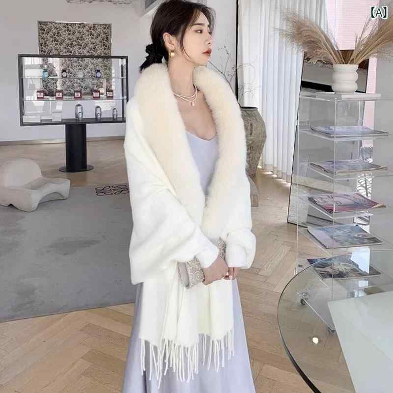 ケープ レディース 女性用 秋冬 ニット ミディアム丈 ファー襟 フリンジ 無地 フワフワ フェイクミンク ショール ウール 混紡 軽量 伸縮性 高級感 普段使い 通勤用 ブラック