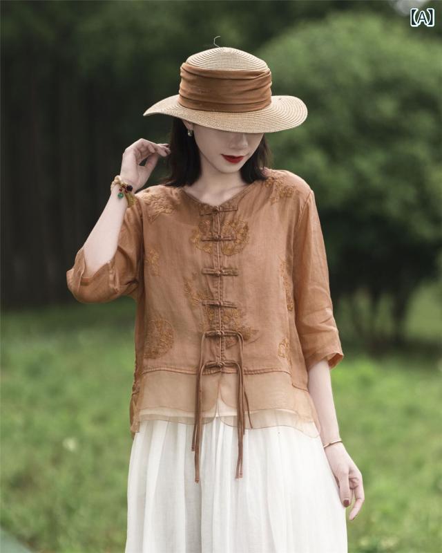 シャツ レディース 夏 ラミー シルク 中式刺繍 縁取り 小開き 切り替え スカート フリンジ 盤扣 軽薄 トップス 高級感 吸湿速乾 軽量