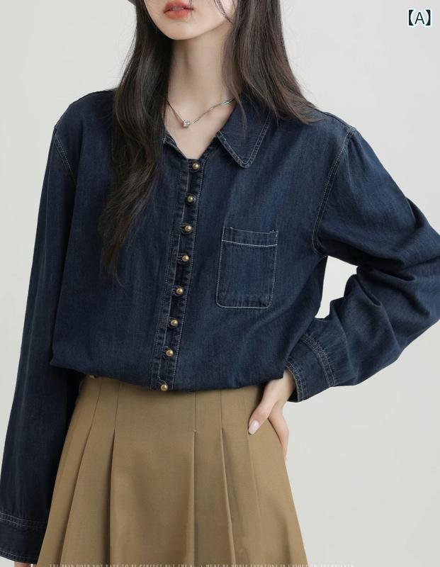 ブラウス レディース デニム トップス 春夏 長袖 ポロ襟 レトロ リラックスシルエット おしゃれ 香港スタイル デザイン性 高級感 軽量 伸縮性 通勤用 普段使い