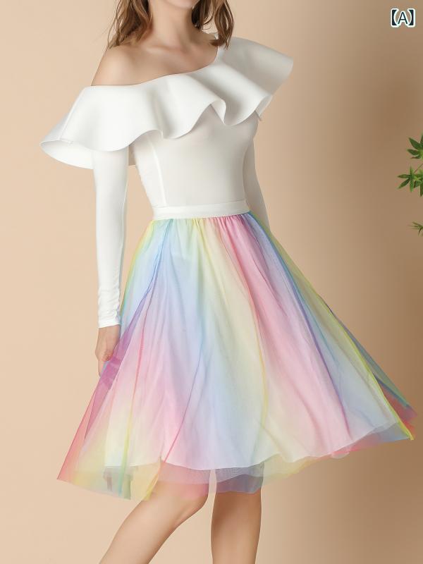 レディース スカート Aライン プリーツ グラデーション ネットサラ ミディアム丈 ドットプリント フェアリー風 かわいい 軽量 伸縮性 普段使い 再生繊維 ピンク系 高級感