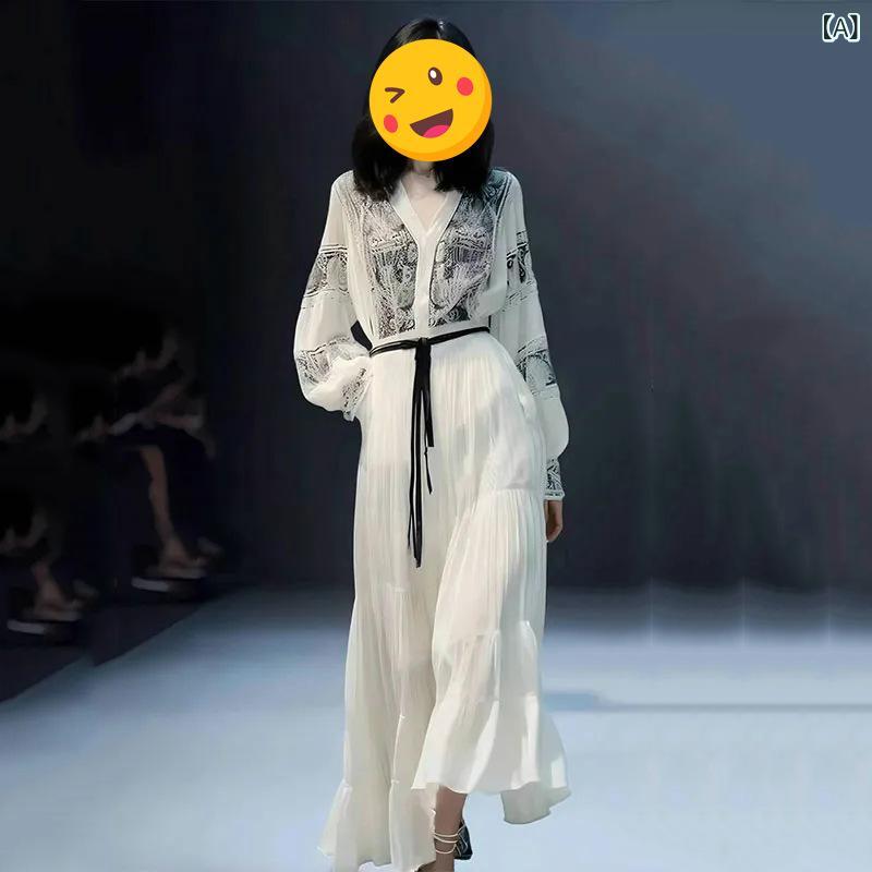 ワンピース レディース フレンチヴィンテージ 女神系 高級感 プリント ホワイト シフォン 春夏
