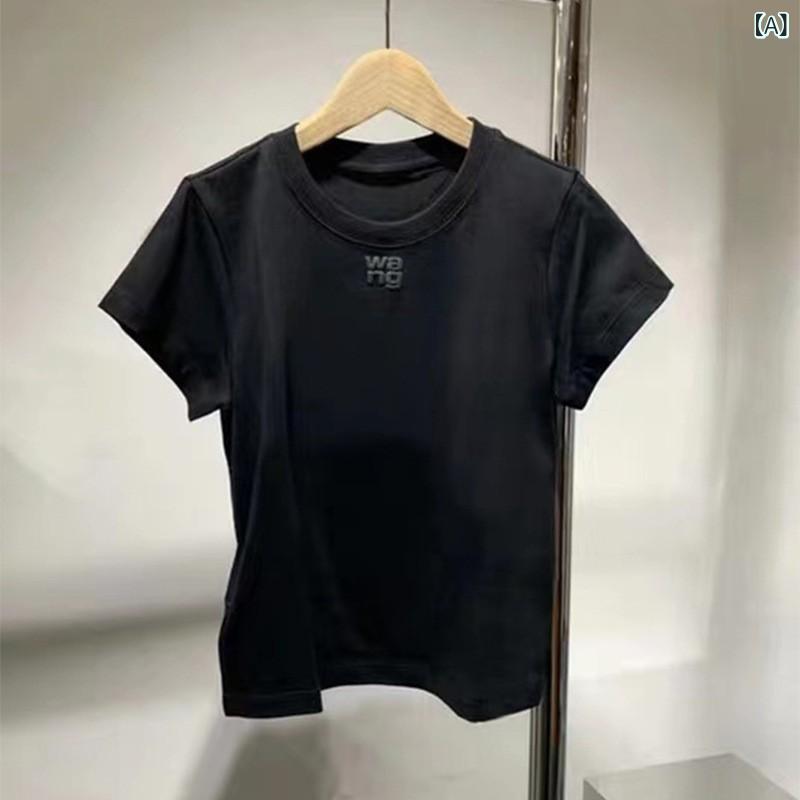 レディース Tシャツ トップス 夏 半袖 丸首 アルファベット プリント コットン 細見え アメリカン スタイル ベーシック 単色 レギュラーフィット スリムシルエット 普段使い