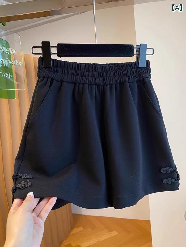 レディース ショートパンツ レトロ ハイウエスト ワイドレッグ 夏 黒 中国風 フライボタン カジュアル プラスサイズ スリム効果 軽量 吸湿速乾 普段使い